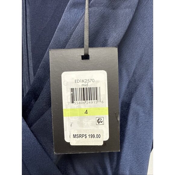 New DKNY Size 4 Navy Blue Balloon-3/4 Sleeve Faux-Wrap Gown Midi Dress Belted - Picture 8 of 11